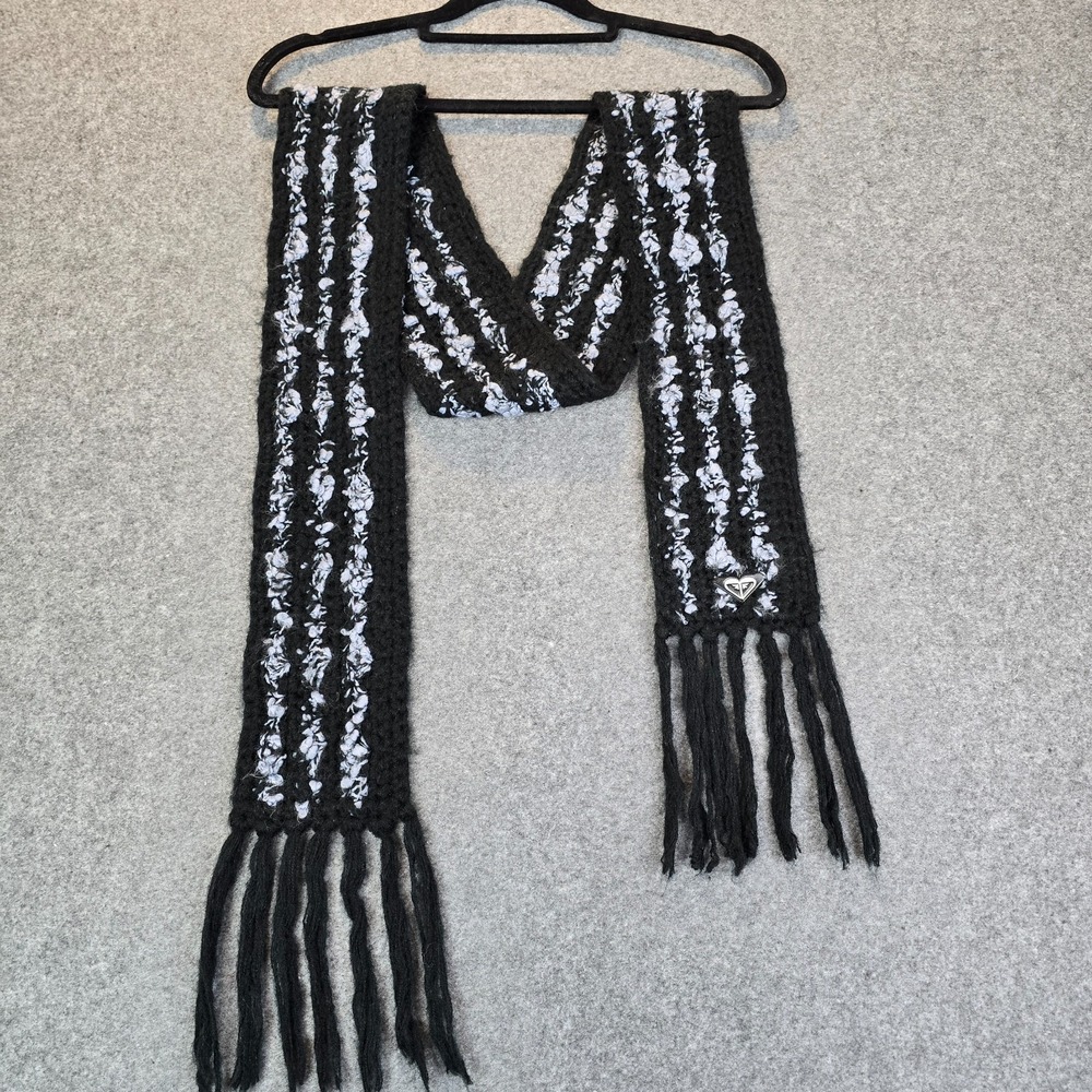ROXY Knit Scarf Women's Black Gray Striped Fringe Logo Winter Fashion